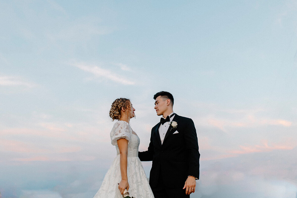 bride and groom sunset session with a pink and blue painted sky