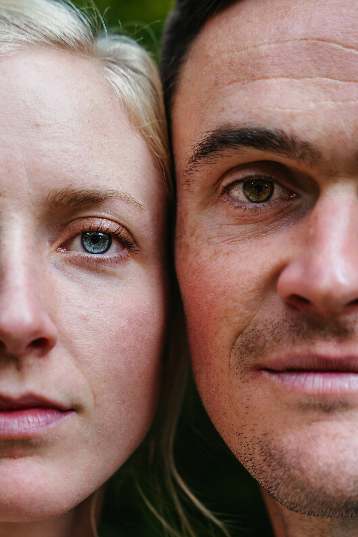 Close-up portrait of bride and groom side by side