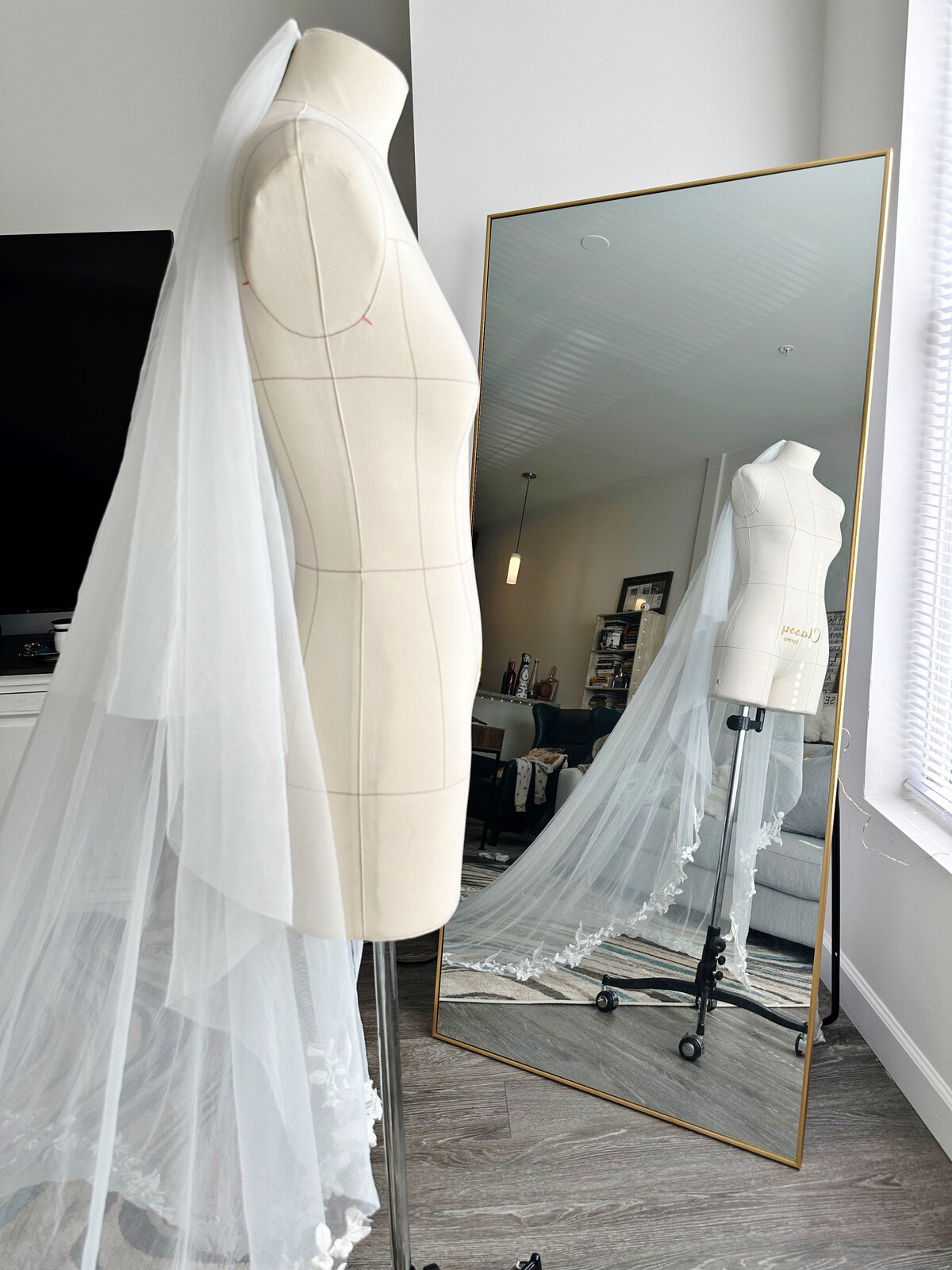 Elegant bridal blusher veil with lace detailing and soft texture
