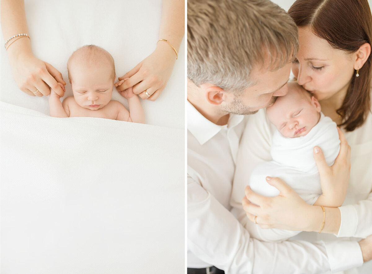 Familienfotografie mit Collage aus einem Babyfoto und Händen der Mutter und einem Babyfoto mit Mutter und Vater.