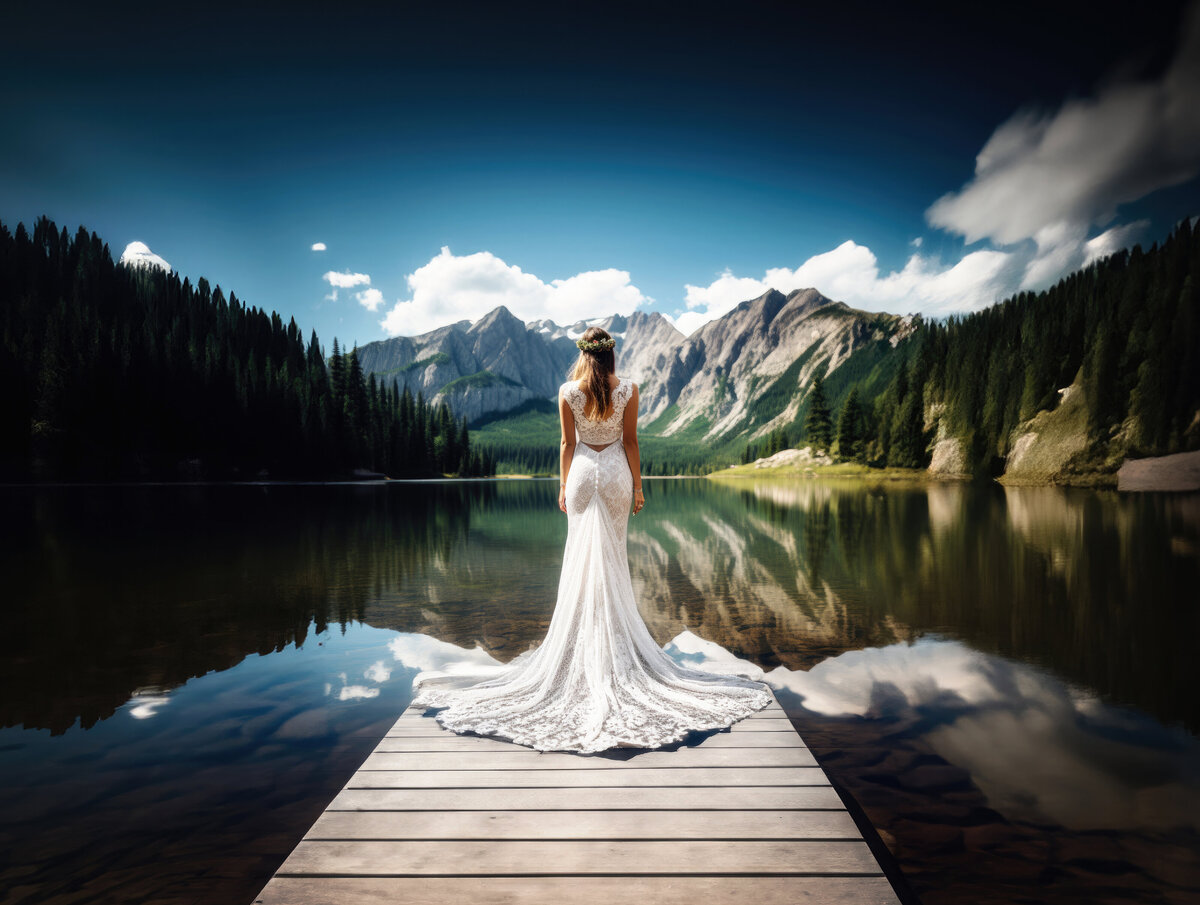 bride-standing-by -a-lake-and-mountain-reflection-wedding-photography-www.morristownwedding.com