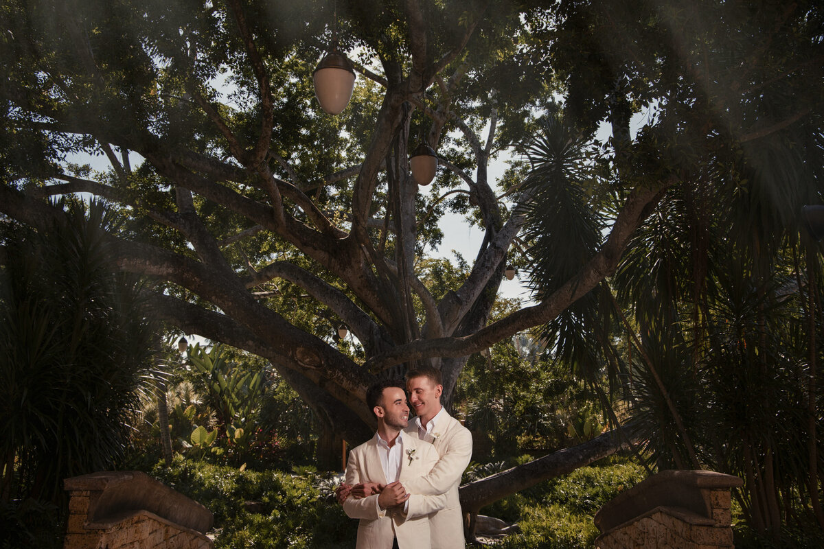 A wedding couple poses in front of a tree  at a destination wedding in Puerto Rico at the Ritz Dorado Beach