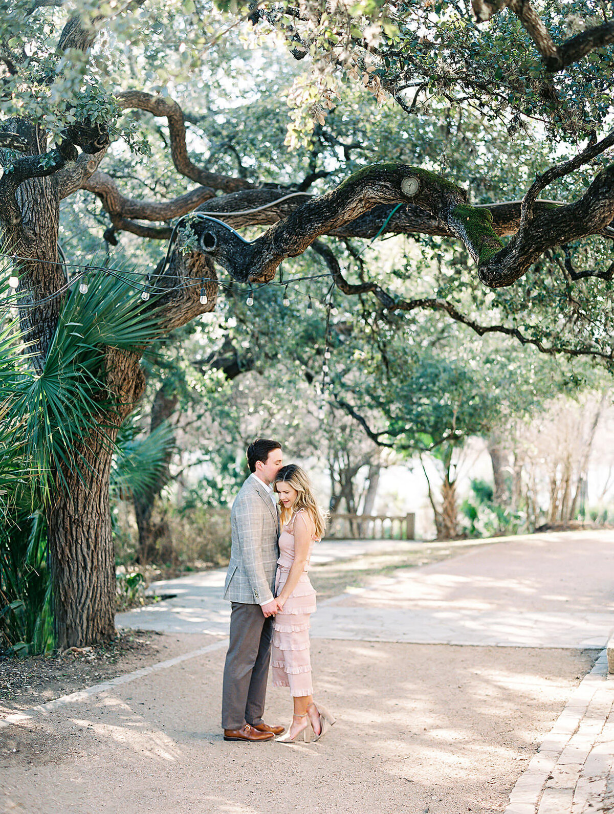 Bride and groom pose for engagement photos under a towering Live Oak tree at Laguna Gloria