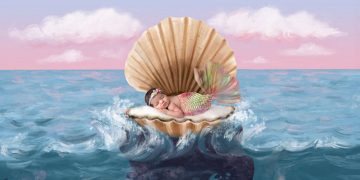 Newborn baby girl posed as a mermaid, sleeping inside a giant seashell on ocean waves under a pink and blue sky.