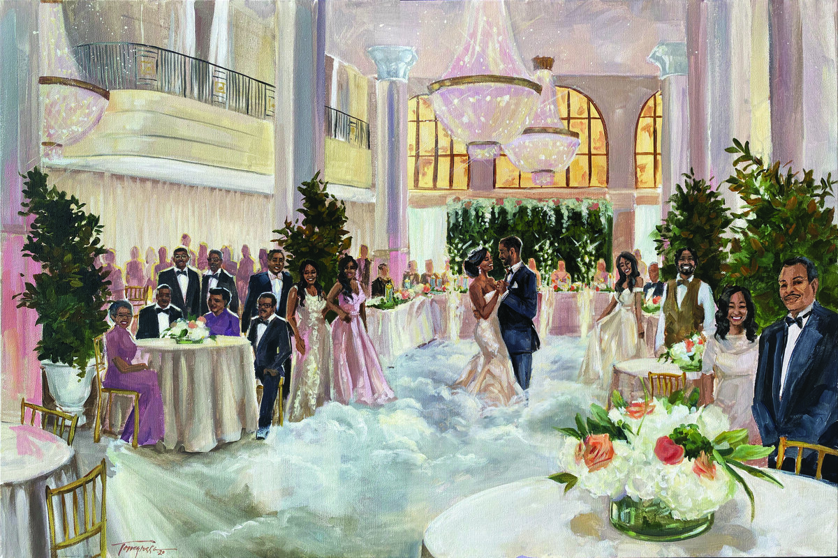live wedding painting of Southern Exchange Ballroom reception, Atlanta