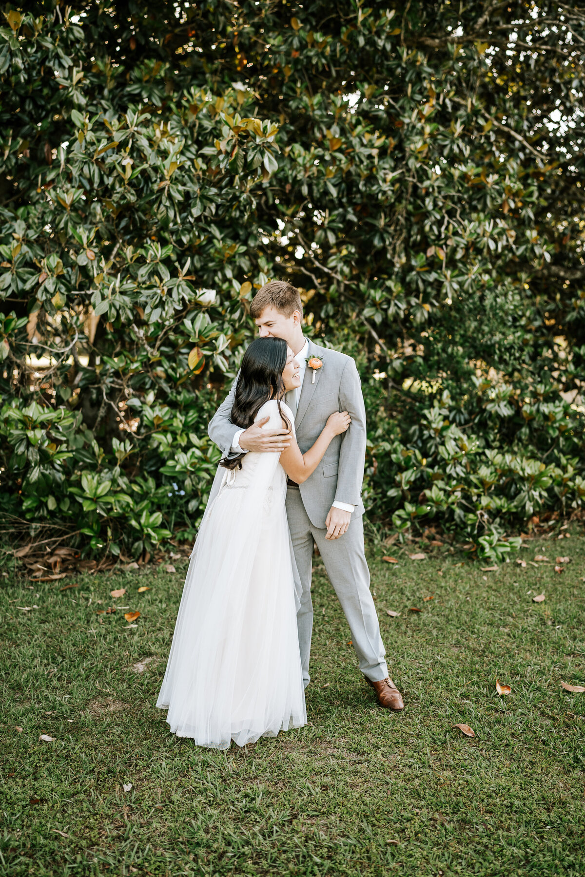 Bride Groom Magnolia Tree First Look