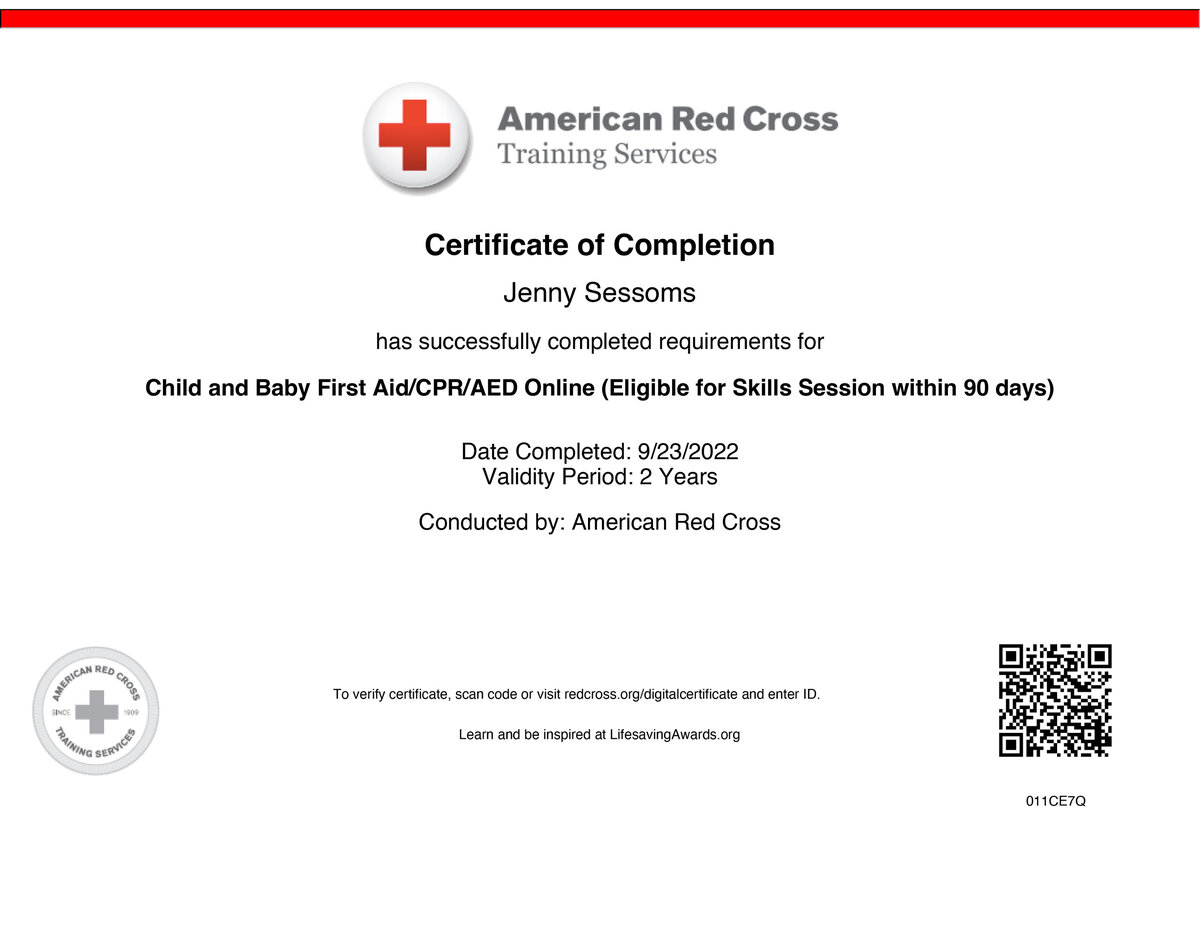Family and newborn Photographer, A Certificate of Completion for Child and Baby CPR from American Red Cross