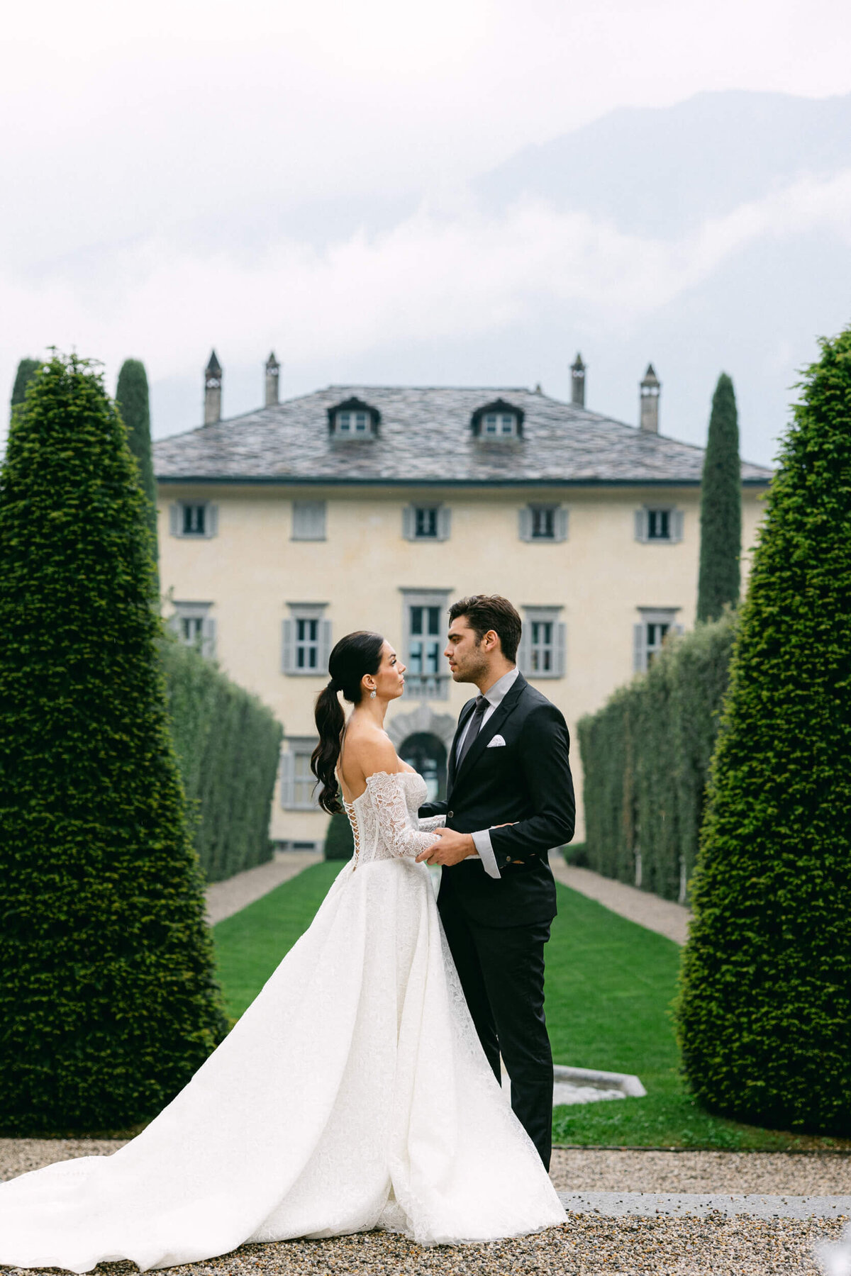 A wedding photo of the couple at Villa Balbiano on Lake Como in Italy