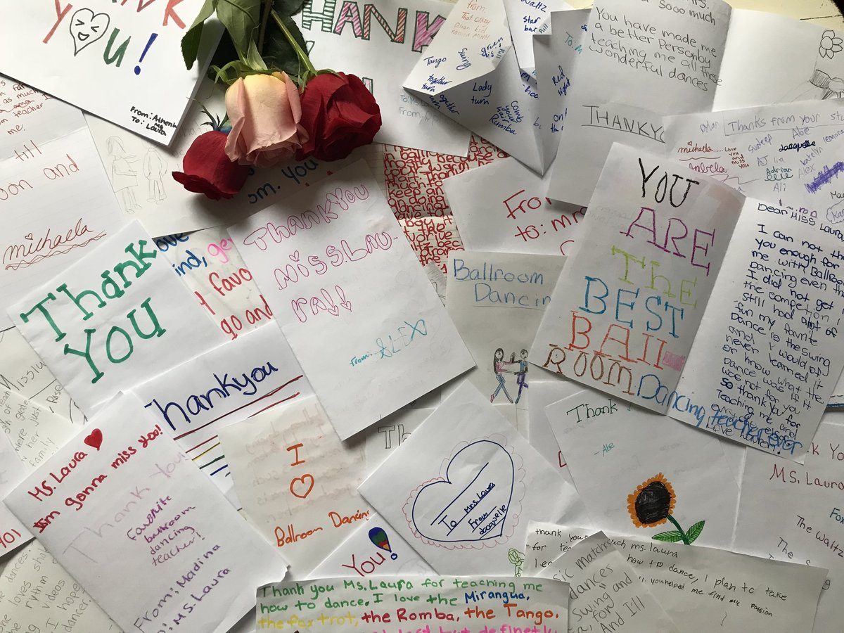Thank you notes from children to their ballroom dance teaching artist after a Dancing Classrooms residency in Queens, NY
