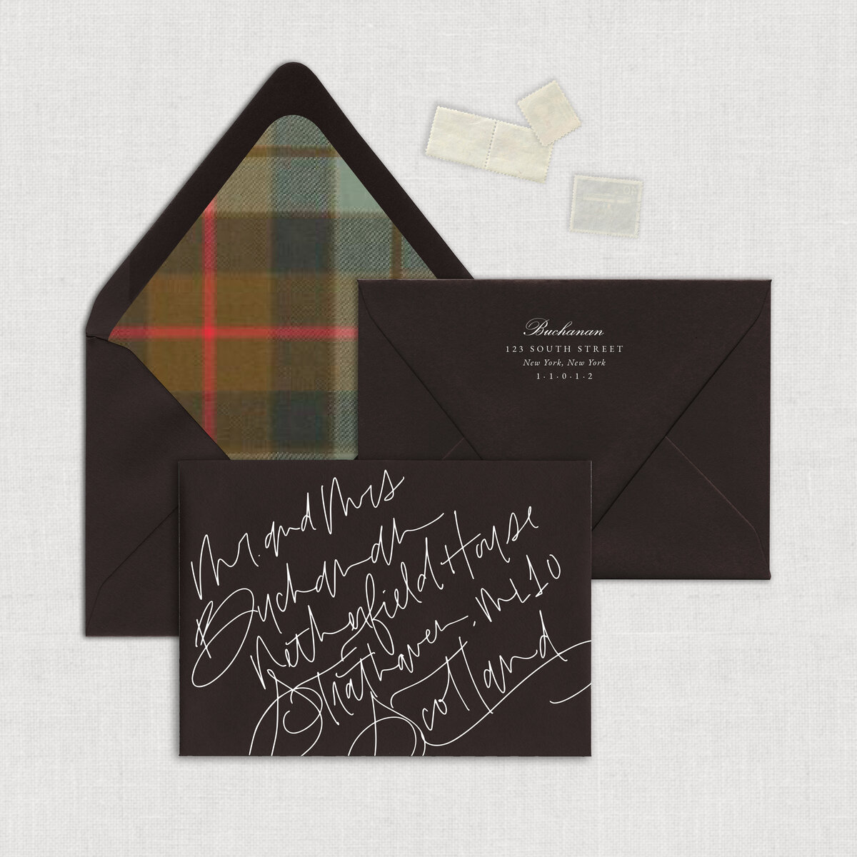 Scotland Elopement Wedding invitation wedding calligraphy wedding envelope in chocolate brown and printed return address.