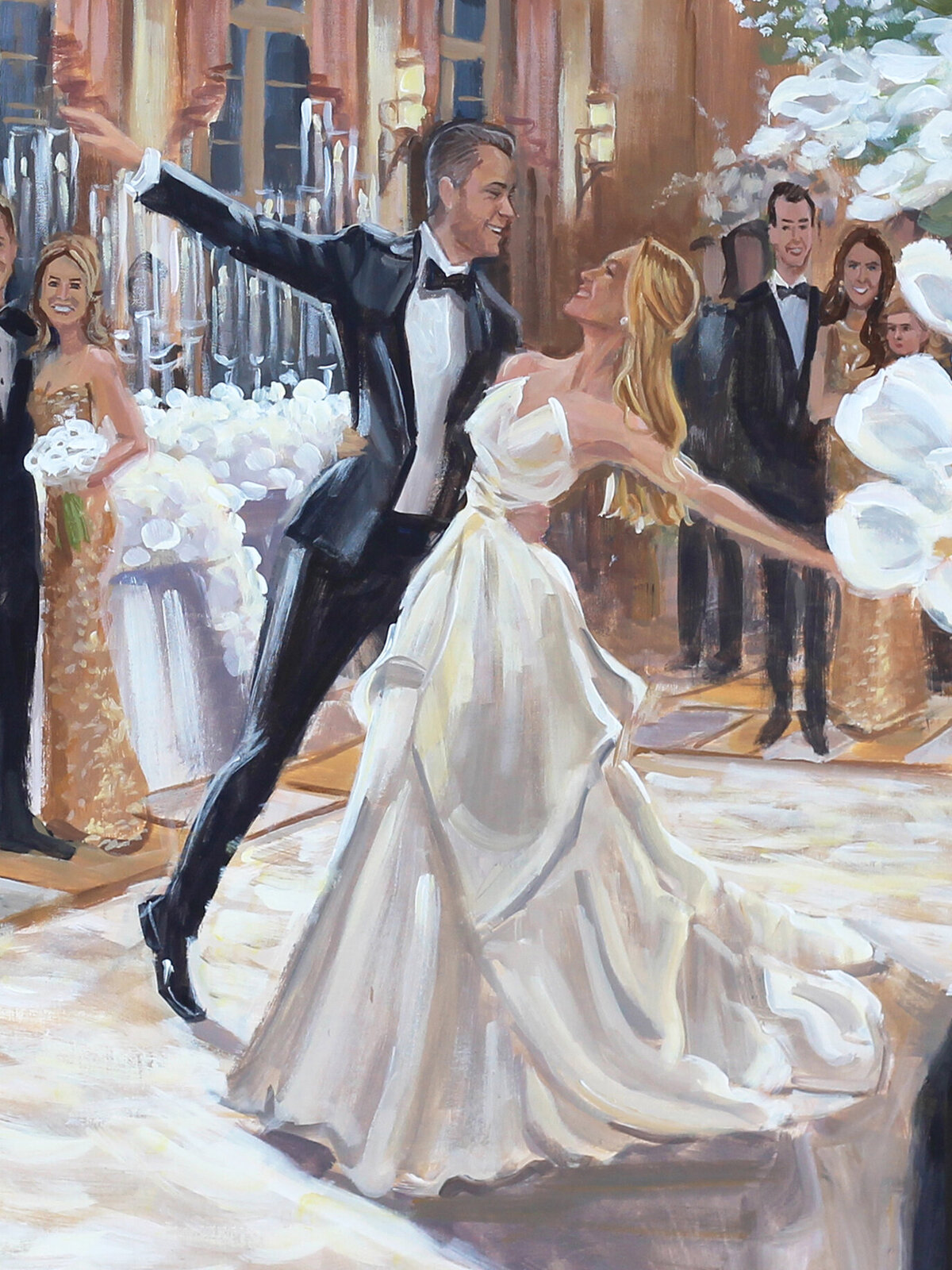 Live Wedding Painter Florida, Ben Keys Fine Art Studio creates painting of bride and groom at The Breakers in Palm Beach, Florida of first dance in the Mediterranean ballroom