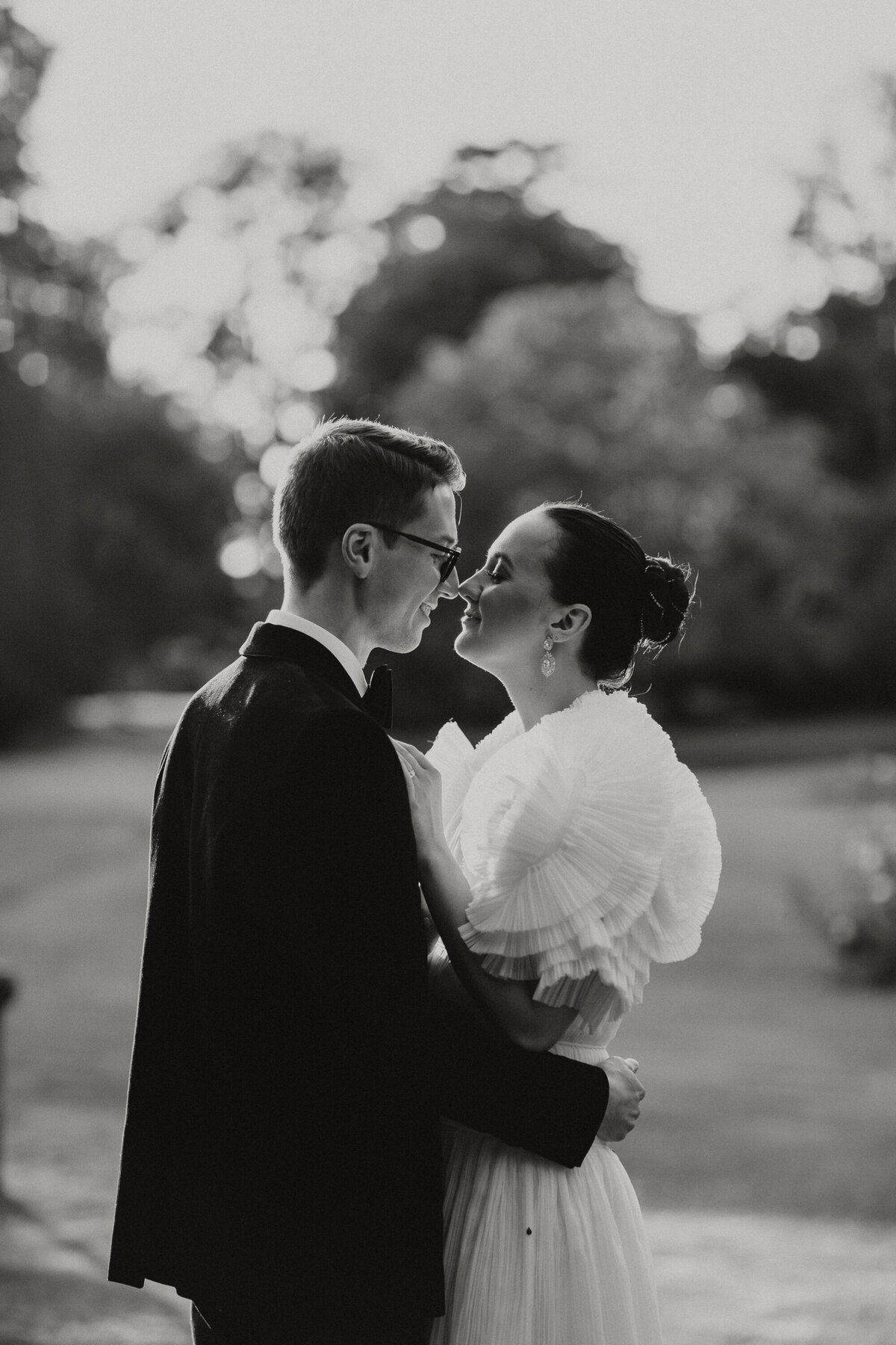 Black and white classic wedding portraits in Devon Gardens