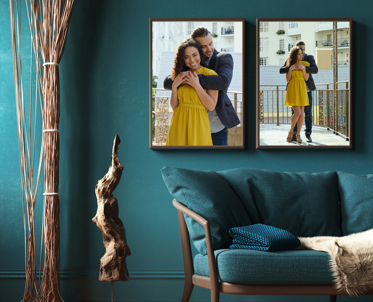 Wall art display of a  couple  on a balcony in blue and yellow by Lifestyle Photography session taken in  Austin