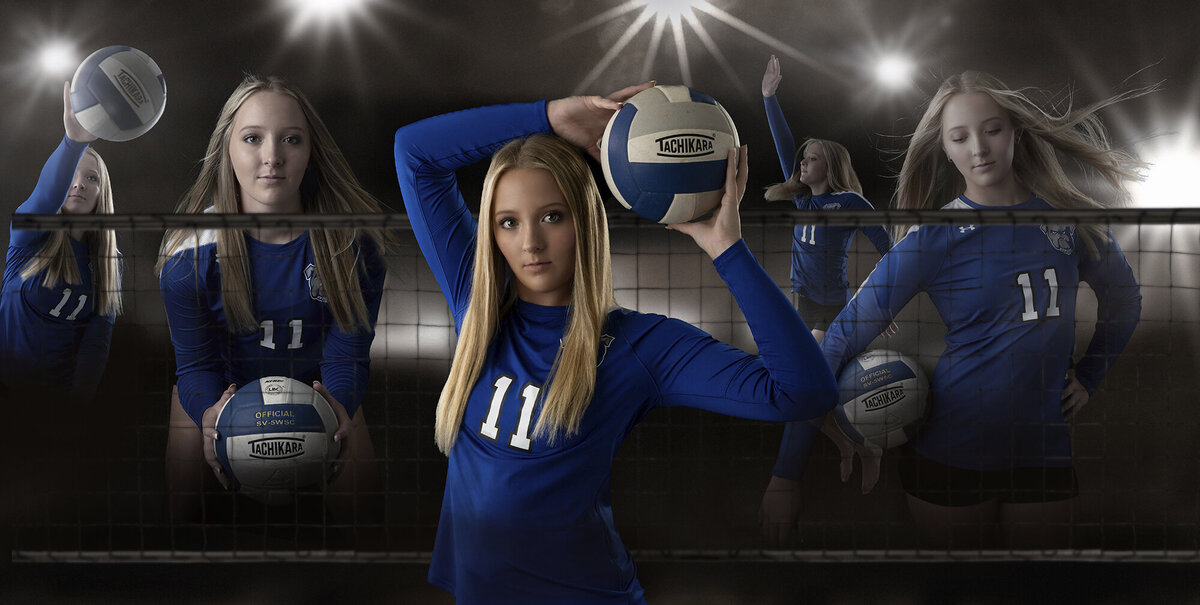 A collage of a high school volleyball player under lights