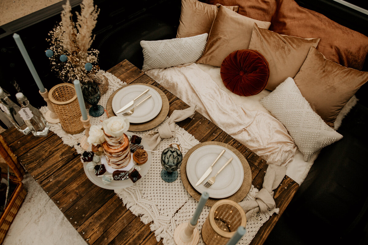 truck bed picnic setup from an elopement at the Sandia foothills in Albuquerque