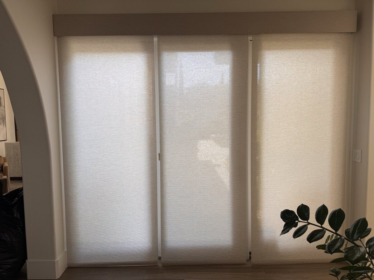 Light-filtering privacy shades on a sliding glass door, Henderson
