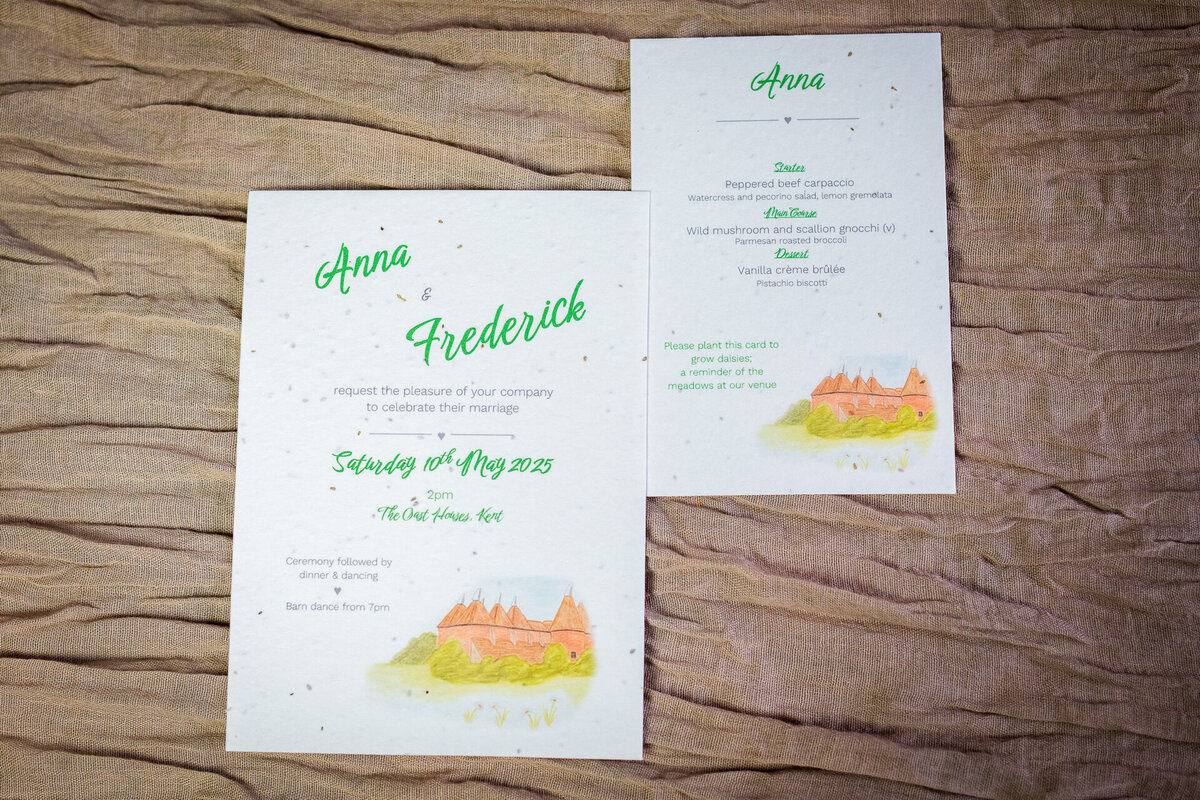 Kent oasthouse-themed wedding invitation on seed paper