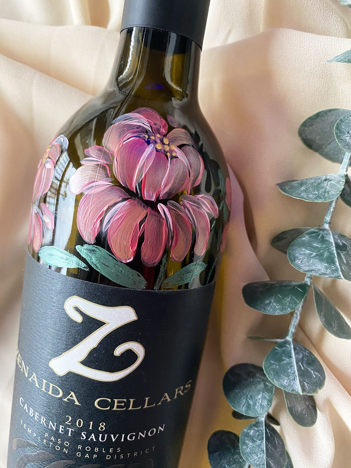 Zenaida Wine Bottle Painted with Peonies by Los Angeles Artist