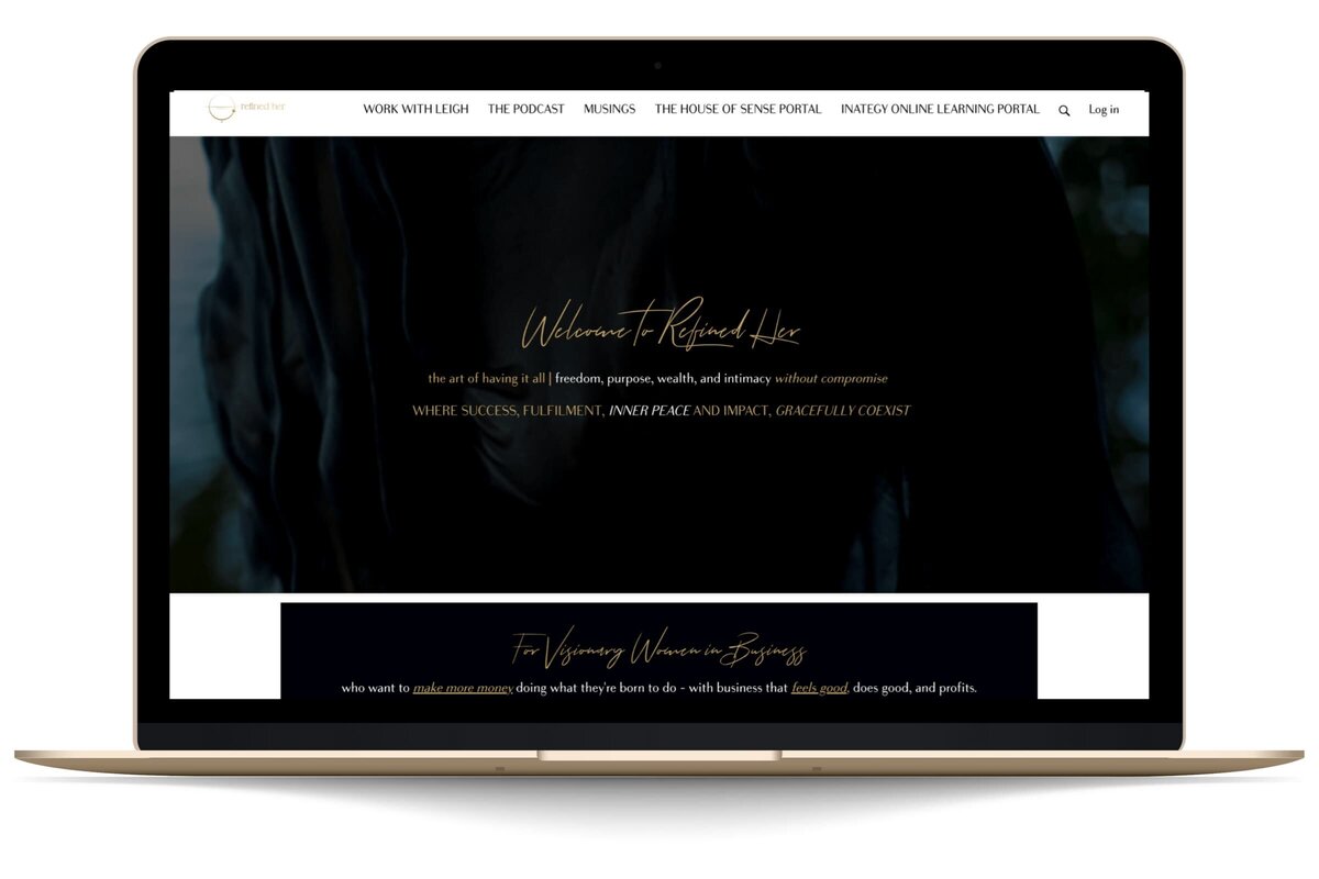 Device mockup showing Leigh Jane Woodgate website on apple macbook, custom website design by Rachelle Deem for business coach
