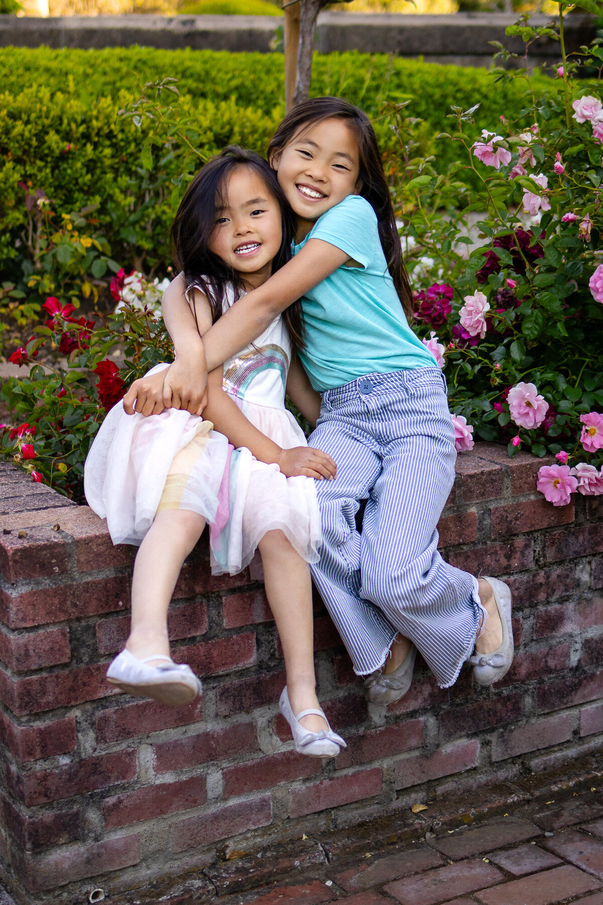 Two sisters hugging and smiling while sitting on brick wall with roses during Bay Area Family Portfolio session at Kohl Mansion Burlingame – Ellobelle Photography