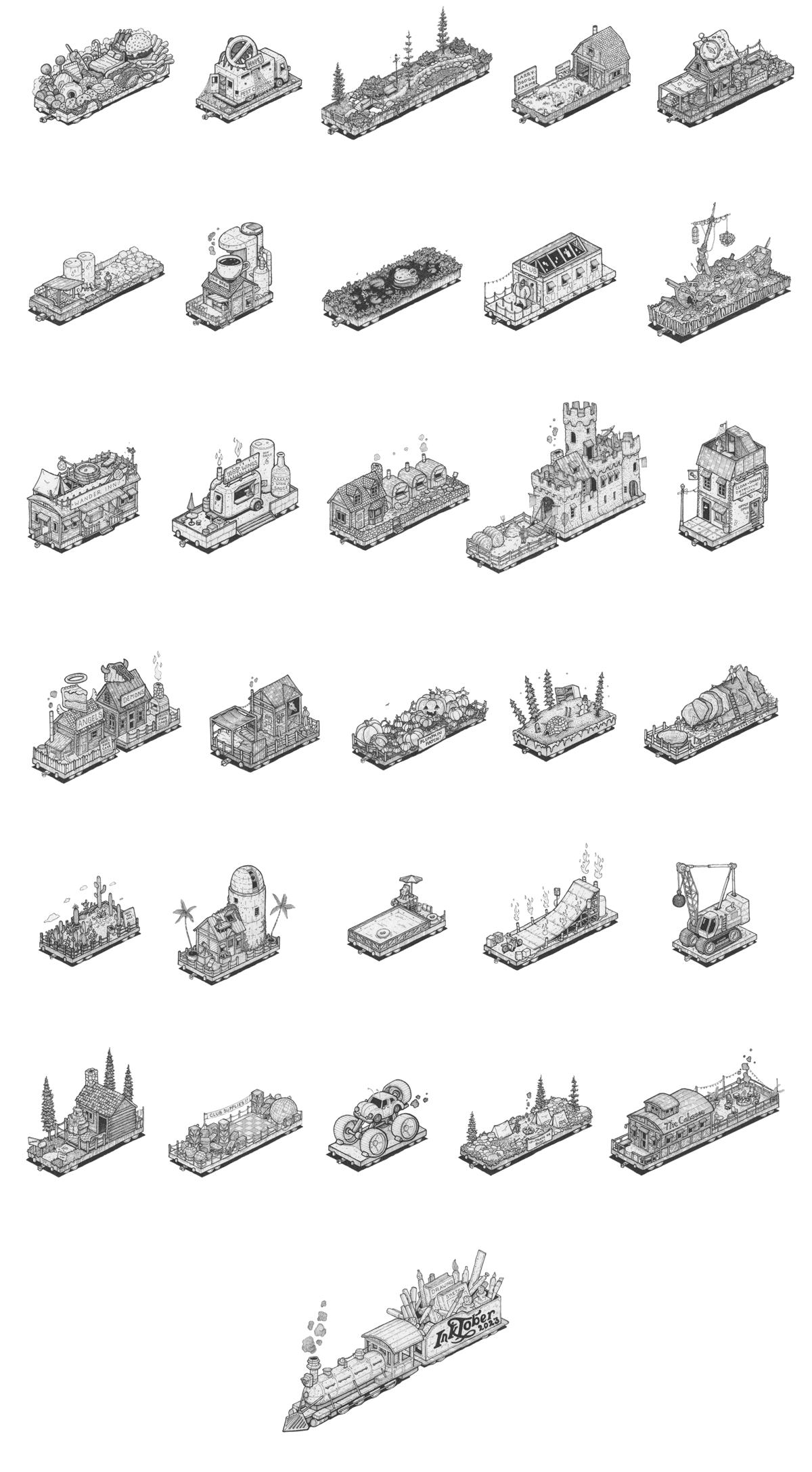 A grid of train cars themed based on the inktober prompt.