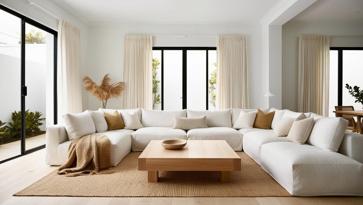 A contemporary Australian living room featuring white walls and large black-framed windows and sliding doors that open to a garden. Inside, a spacious white linen sectional sofa and large oak coffee table create a serene, neutral-toned space, with the dining room visible beyond, sharing the same harmonious colour palette and materials.