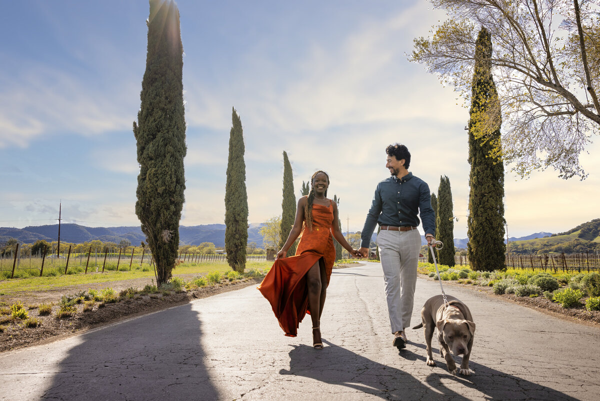 Engaged couple walk with dog on leash holding hands on a path in a winery with trees on both sides and looking at each other smiling.  Candid picture taken by wedding photographer, sacramento ca philippe studio pro.