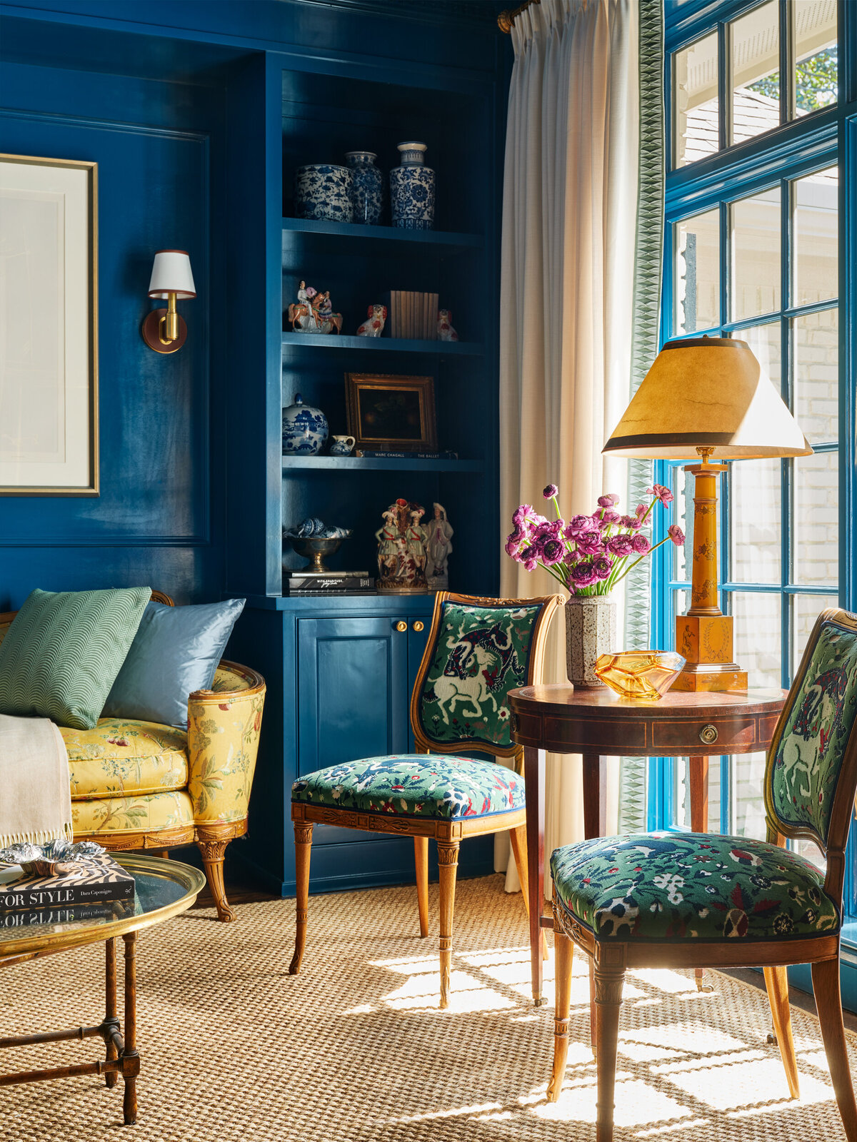 Vibrant Blue Traditional Sitting Room, Cut Velvet Antique Chairs, Blue Lacquer Walls