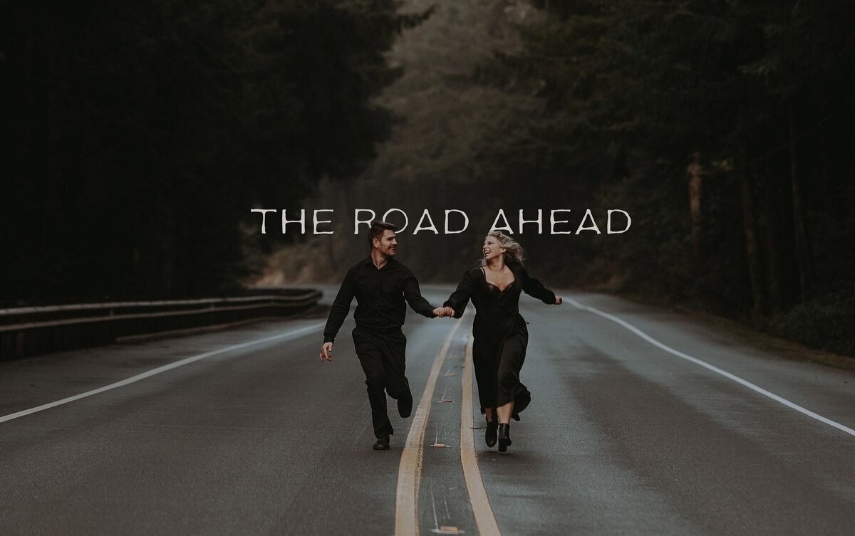 An elopement couple running along the road in Samuel H Boardman Scenic Corridor in Oregon.