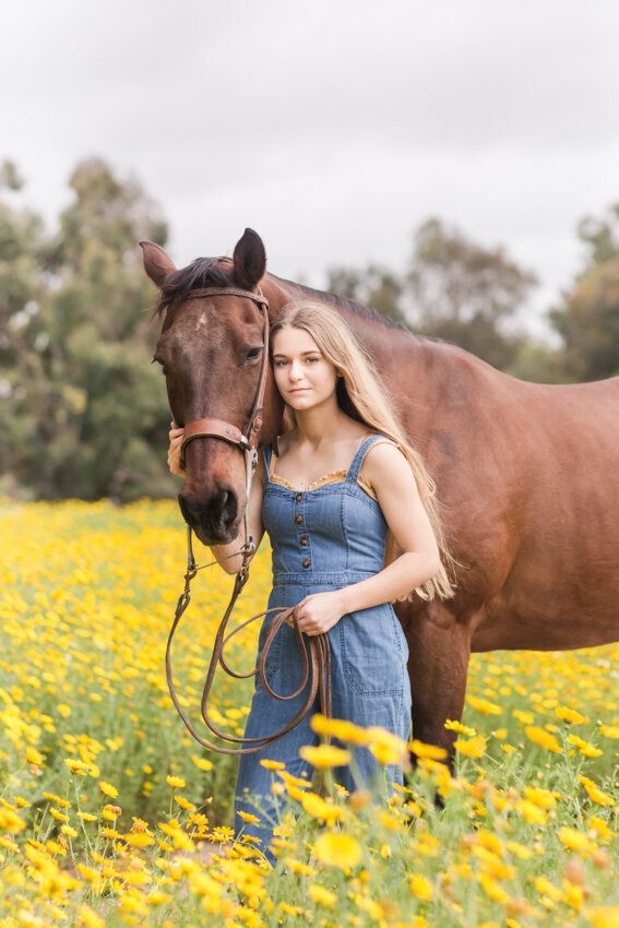 senior girl standing in yellow flowers with horse