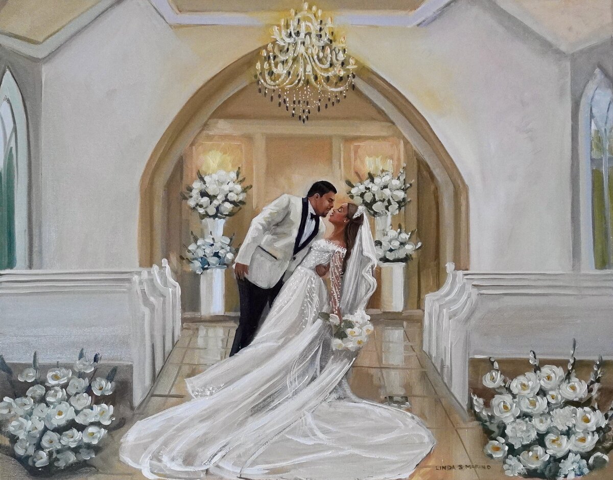 live wedding painting of bride and groom on the alter at Waterbury Basilica CT