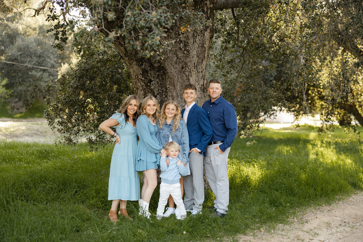 Family gathered under a tree with warm sunlight, smiling in matching blue outfits. Photographed by Yucaipa family photographer Kaitlyn Dawn Photography.
