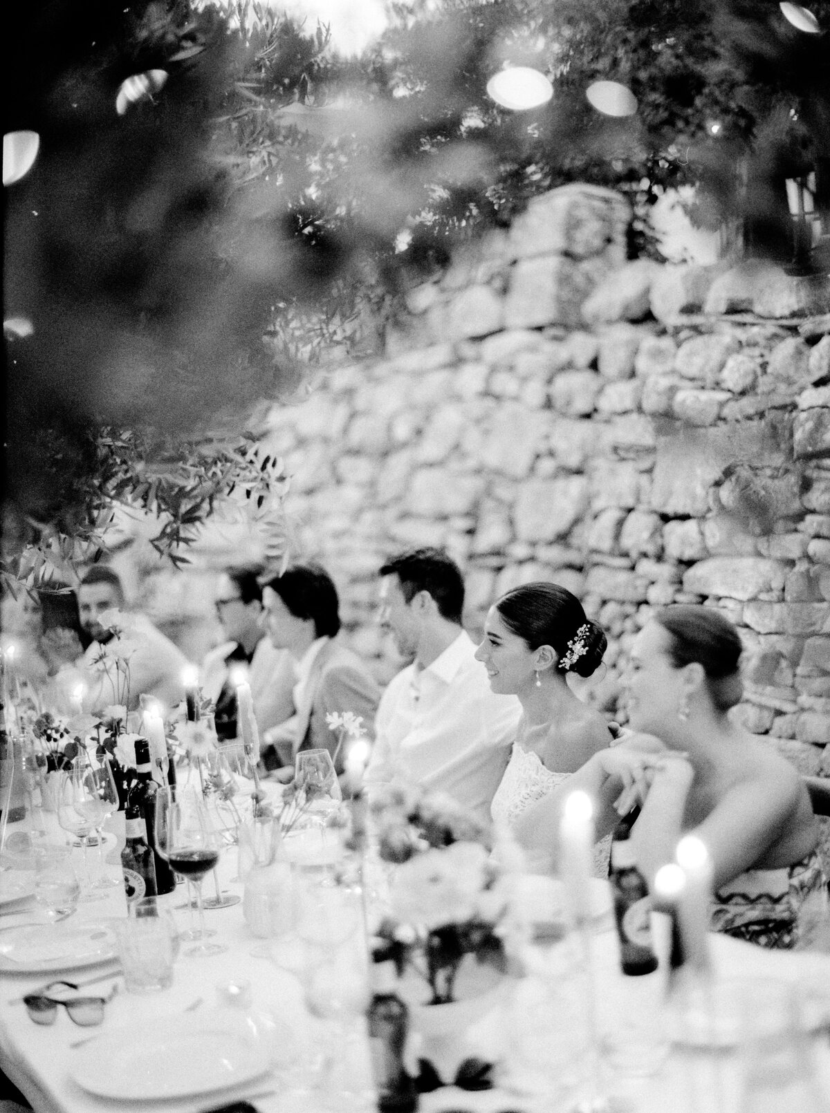 Black and white film photograph of wedding reception photographed by Italy wedding photographer at Villa Montanare Tuscany wedding