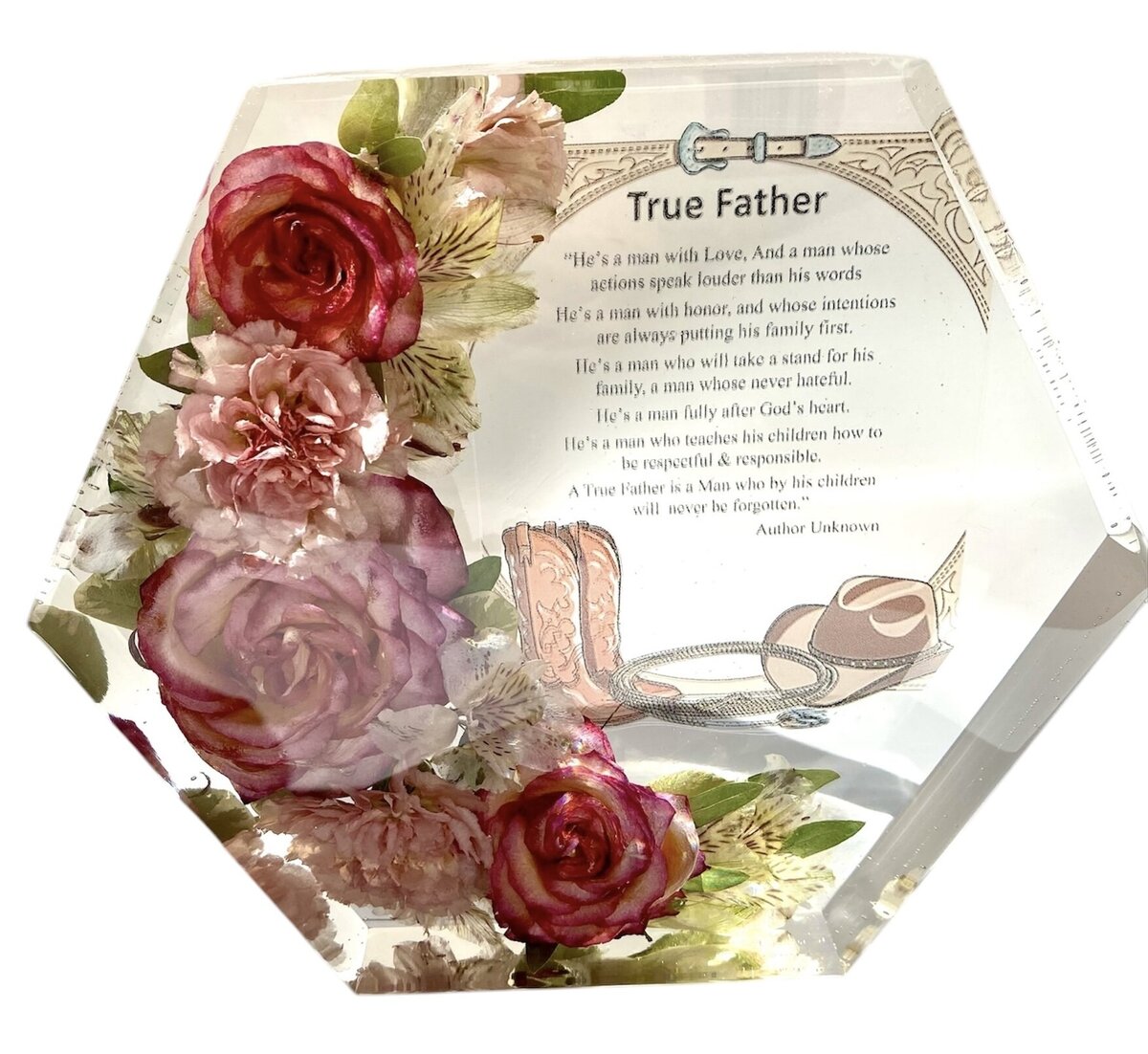 hexagon resin block with pink and cream funeral flowers preserved alongside favorite poem as a timeless family keepsake