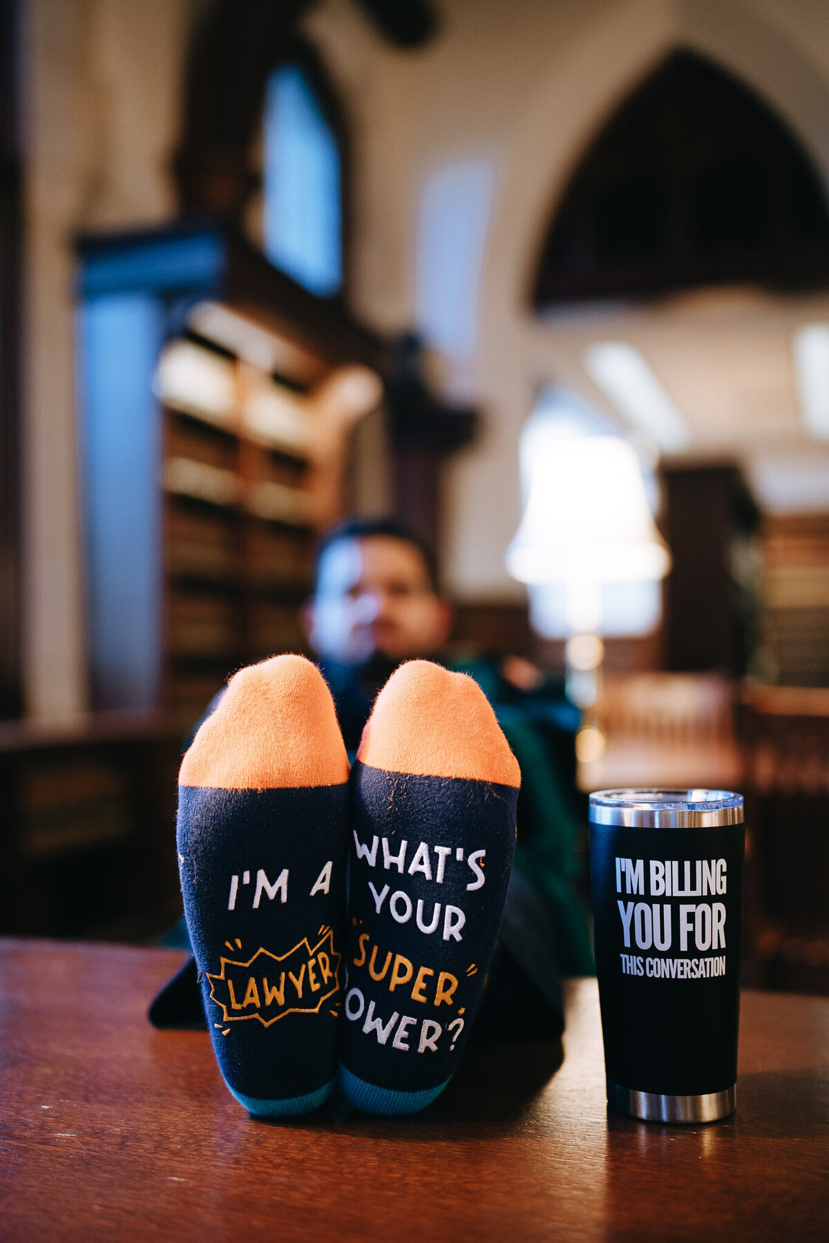 lawyer socks and mugs in washu law library