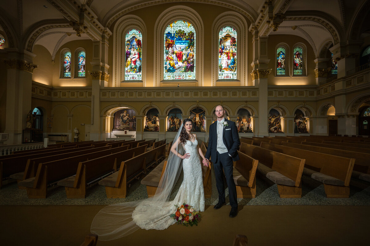 Wedding couple after ceremony at Saint Patrick church.