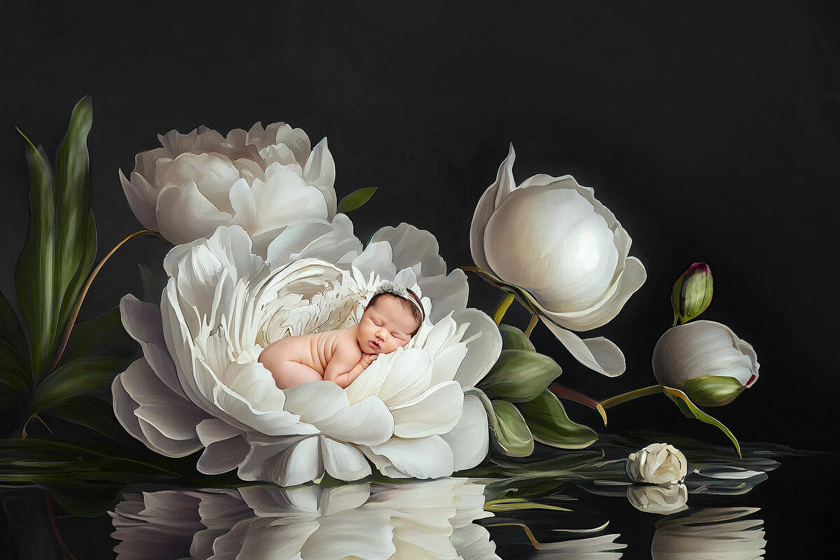 stunning portrait of a newborn girl  sleeping on a large peony
