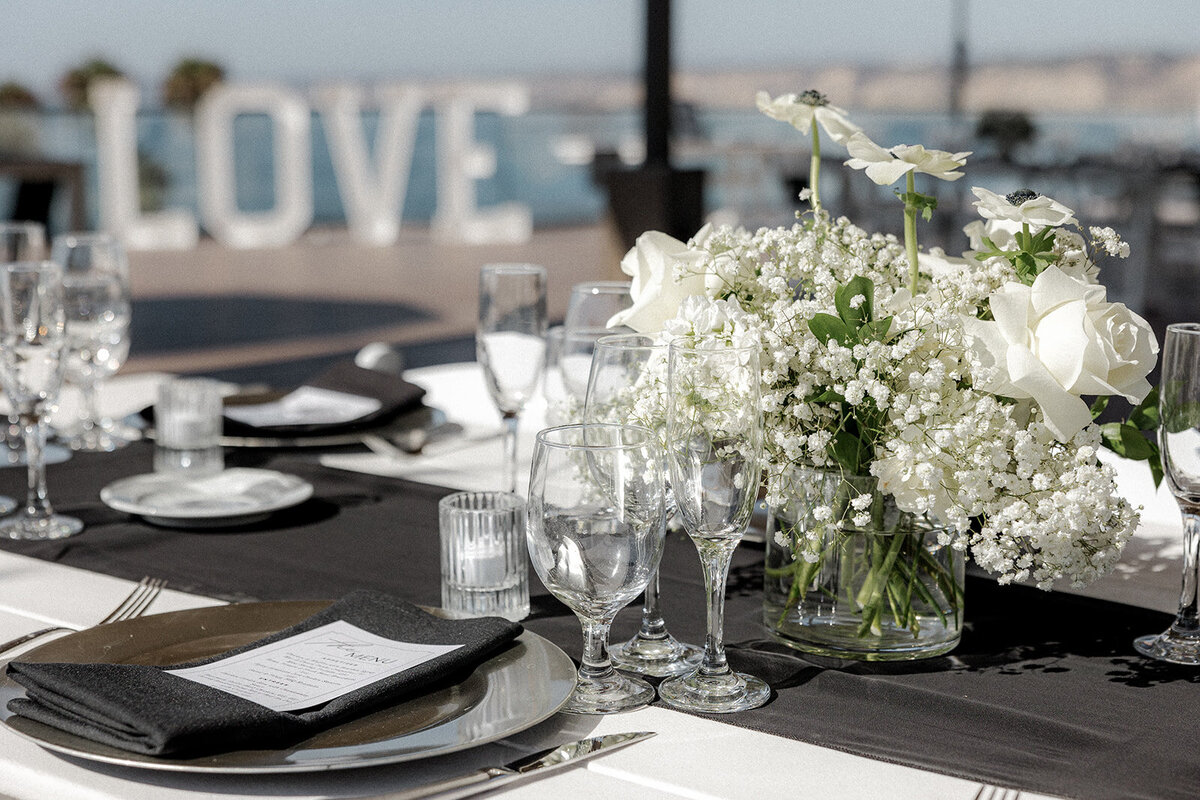 Close up of wedding table and centerpieces at San Diego wedding