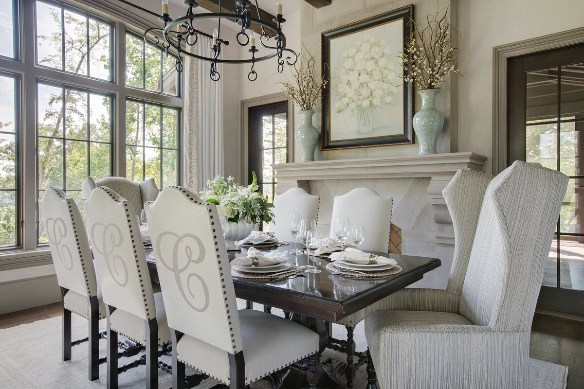 Panageries Residential Interior Design | Traditional Mountain Roost Formal Dining Table and Uphulstored Chairs