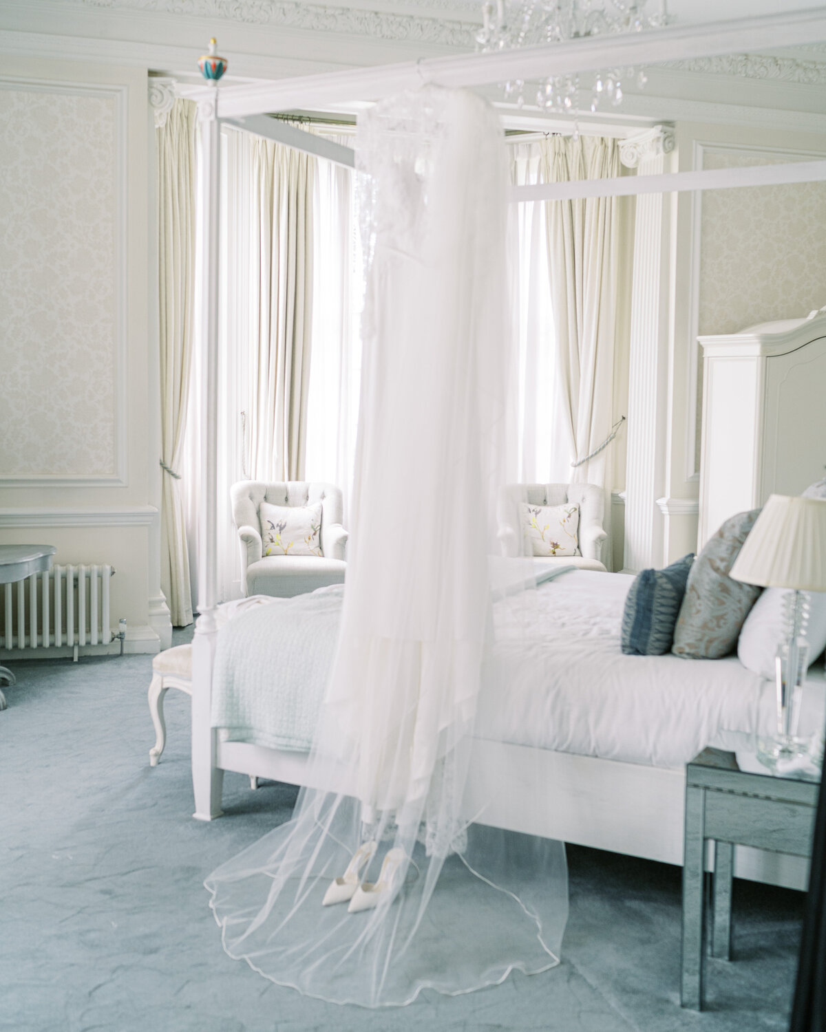 Wedding dress in bridal suite at Hedsor House wedding venue