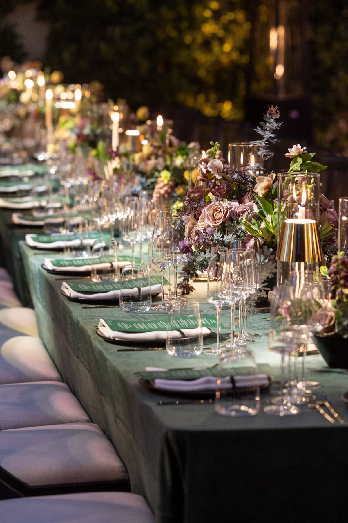 Long  dinner table with a velvet  tablecloth