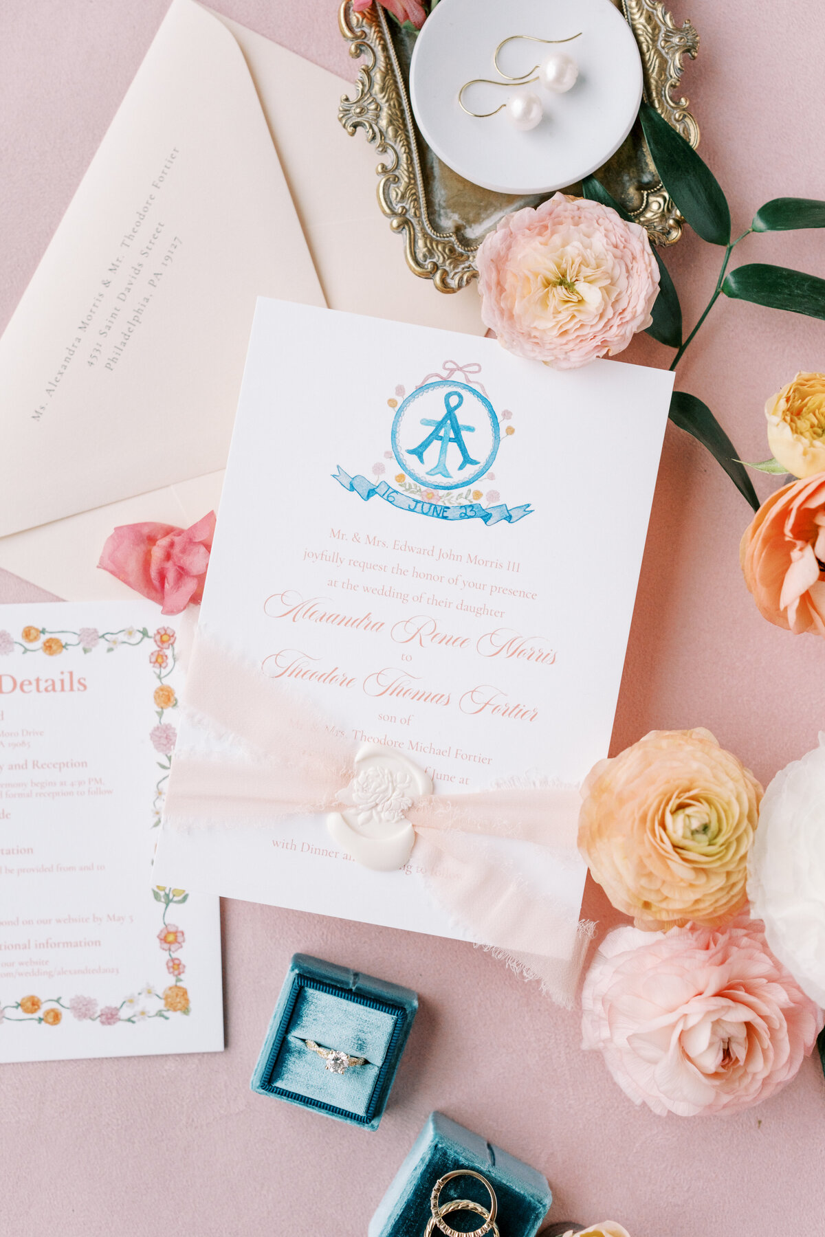 Wedding invitation at Appleford Estate in Villanova, Pennsylvania