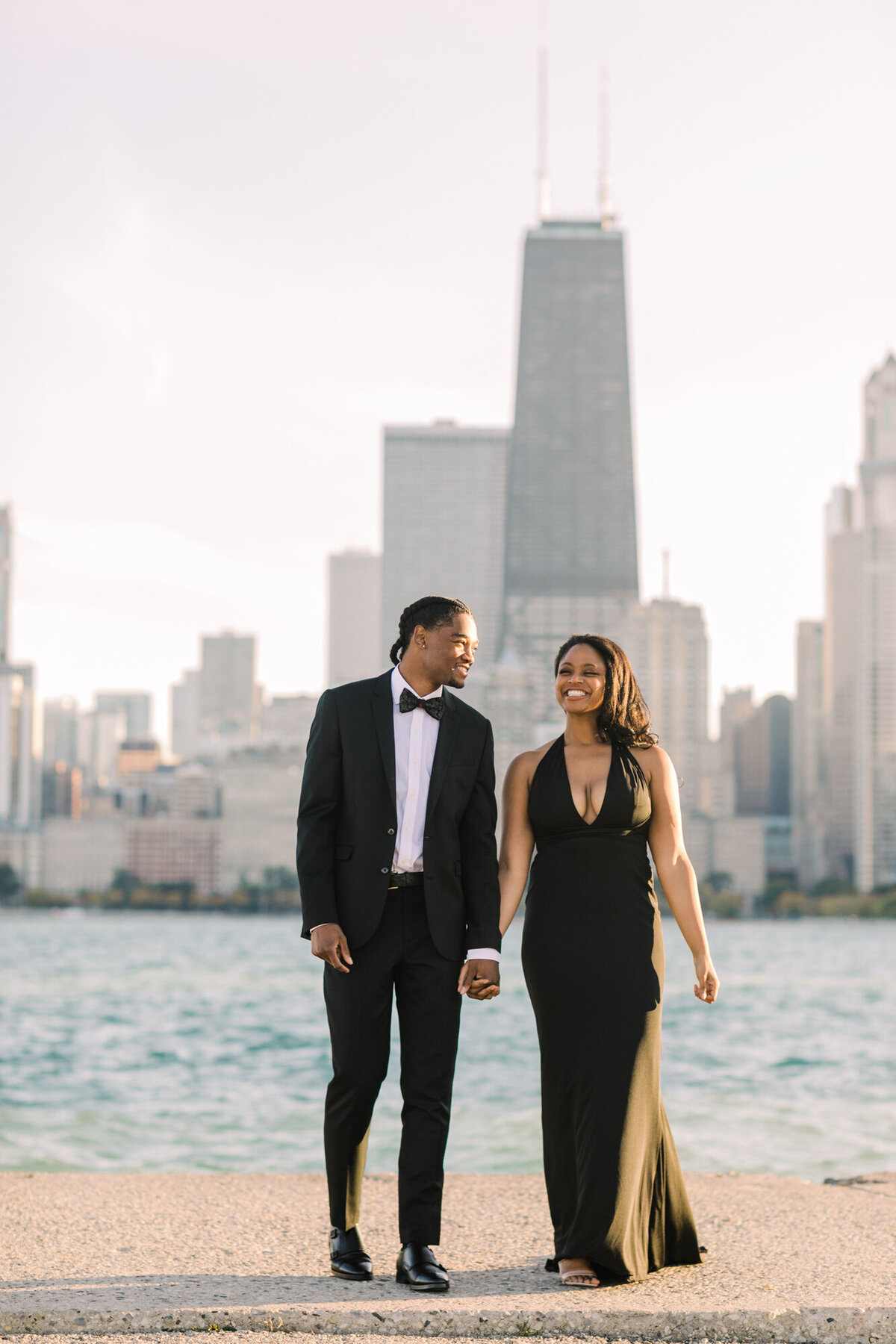 Elegant engagement photo at North Avenue Beach in Chicago