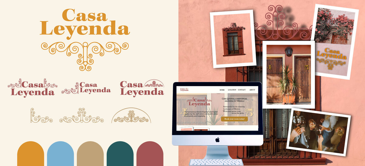 This photo shows a brand identity created for a Hotel in Mexico, and you see the Logo Set, and icon creation, as well as their Color Palette, this project required a landing page design.