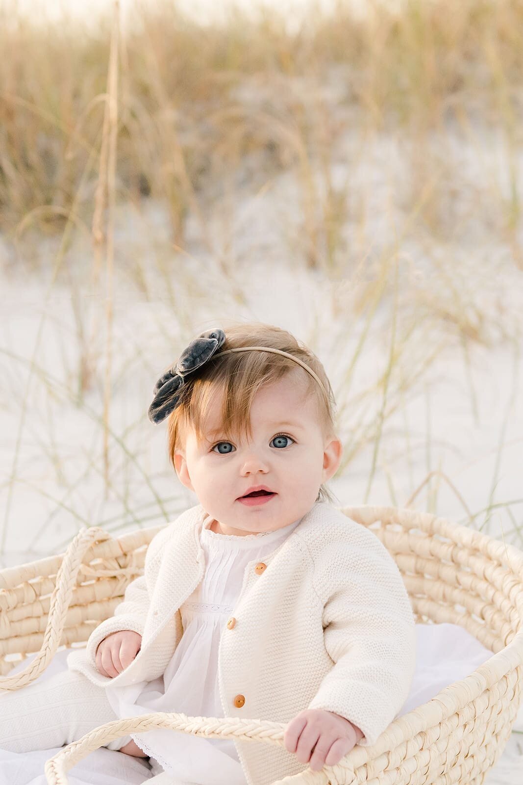 cute girl sitting in a moses basket photographed by a Destin family photographer