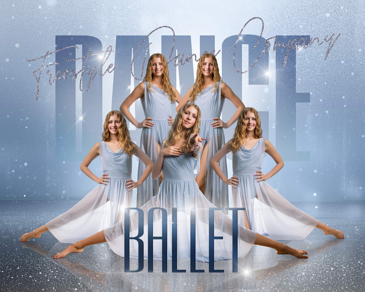A portrait of a dance company on a light blue composite design , example of work by Jessica Bowles