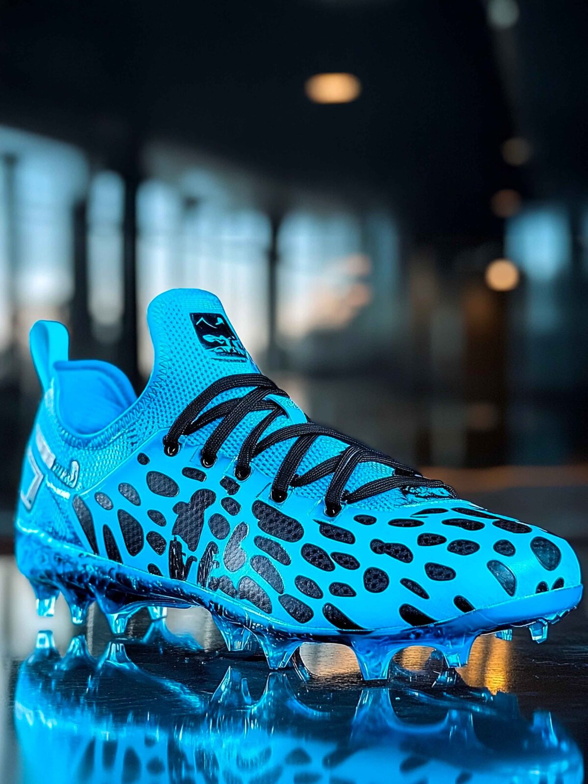 A branded photography shot of custom cleats in a North Carolina Panthers inspired colorway.