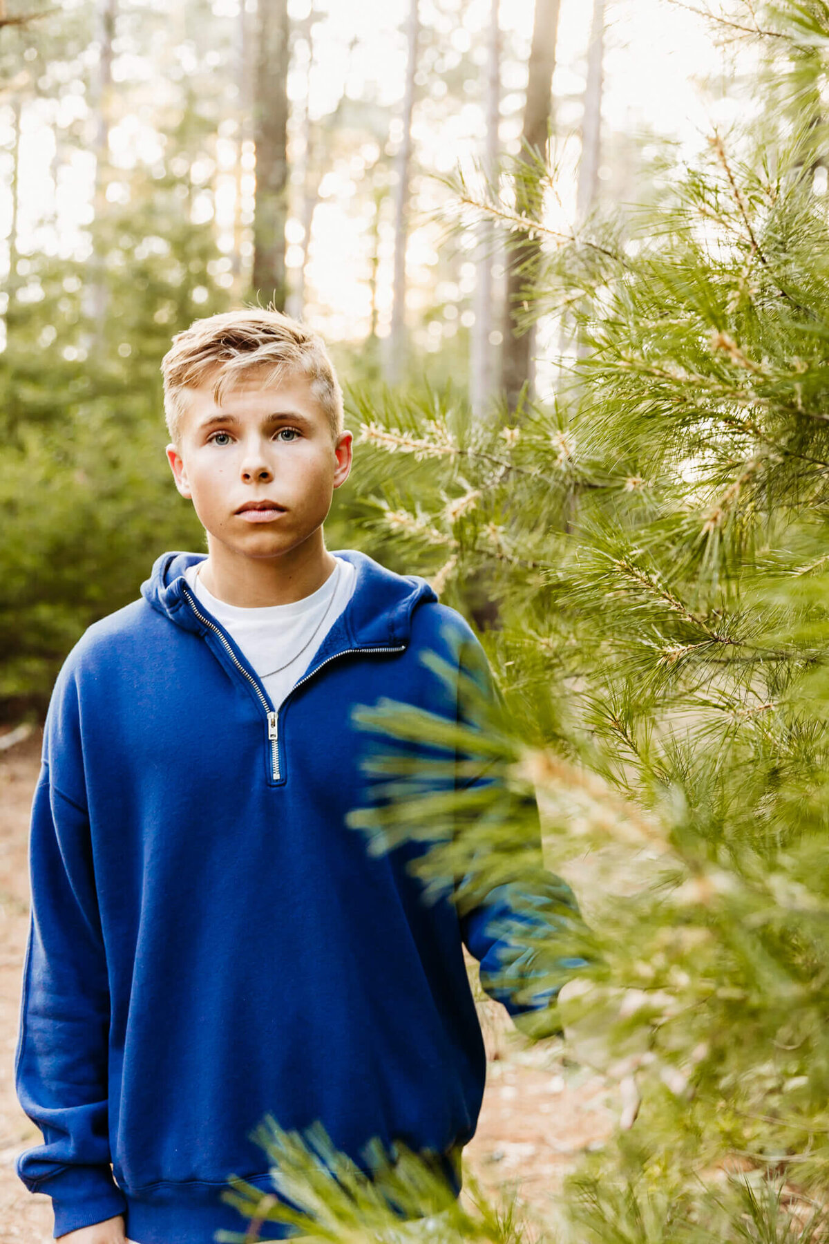 young man in a blue sweatshirt standing next to a pine tree
