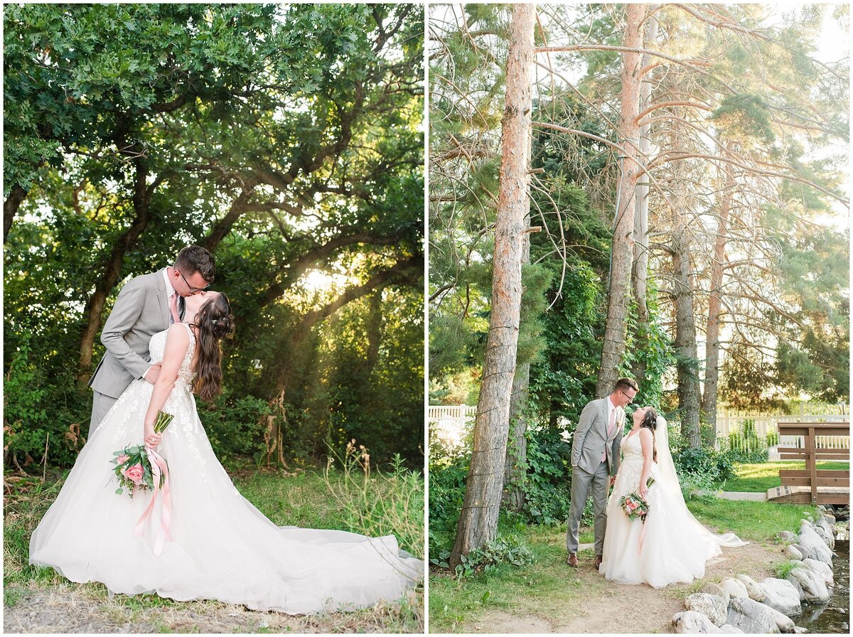 Bride and groom in front of lodge pole pines at Oak Hills Reception and Event Center