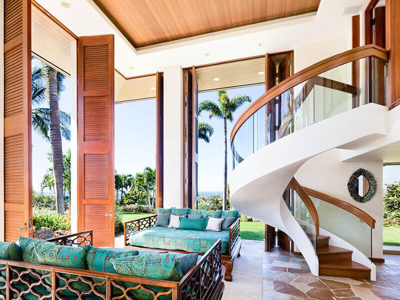 Garden room at Mauna Kea Hawaii with day beds and spiral staircase